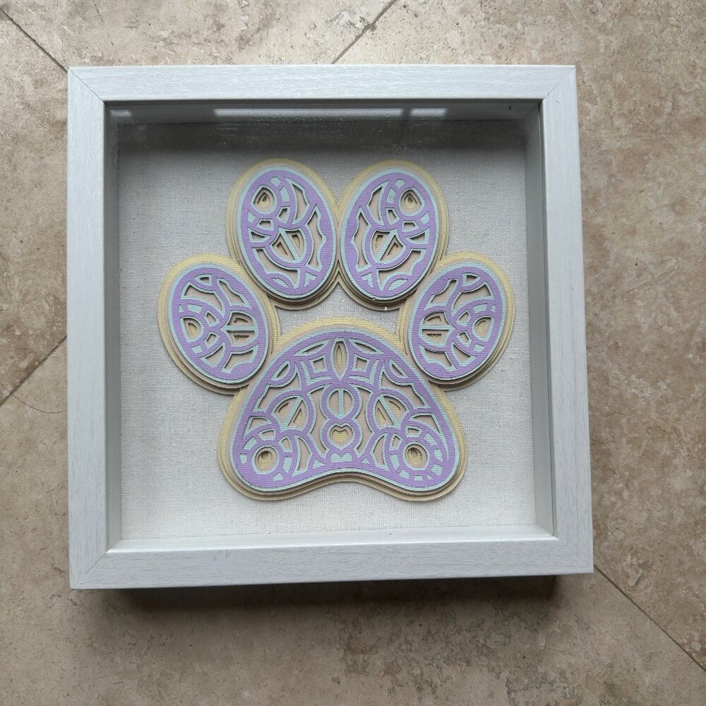 Mandala Dog Paw in White Shadow Box Frame 9"x9" Cardstock Layers